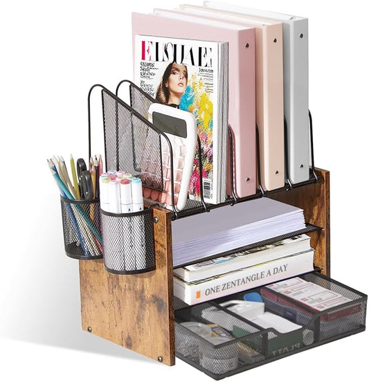 Y YOMA Wooden Desk Organizer, 4-Tier Mesh Desk Organizer with Drawer, Paper Tray & 5 Vertical File Holders, 2 Pen Holders, Desktop Organizer and Accessories for Home Office Dorm