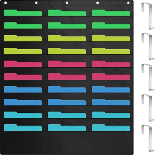 ZKOO 30 Pockets Hanging Wall File Organizer for A4 Size Paper/Legal/ Letter Size Document, Sturdy Wall Mail Organizer Black Pocket Chart Great for Classroom, Office, Home Use with 5 Hangers