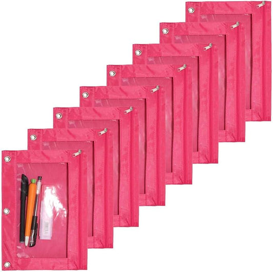 Zippered Pen Pencil Binder Pouch 3 Rings with Clear Window for School Classroom Organizers 8 Pcs (Rose red)