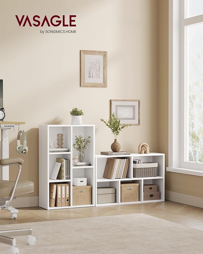 VASAGLE Bookcase, Bookshelf with 5 Compartments, Freestanding Shelves and Cube Organizer, Display Shelf for Small Spaces, for Living Room, Bedroom, and Home Office, Cloud White ULBC25WT