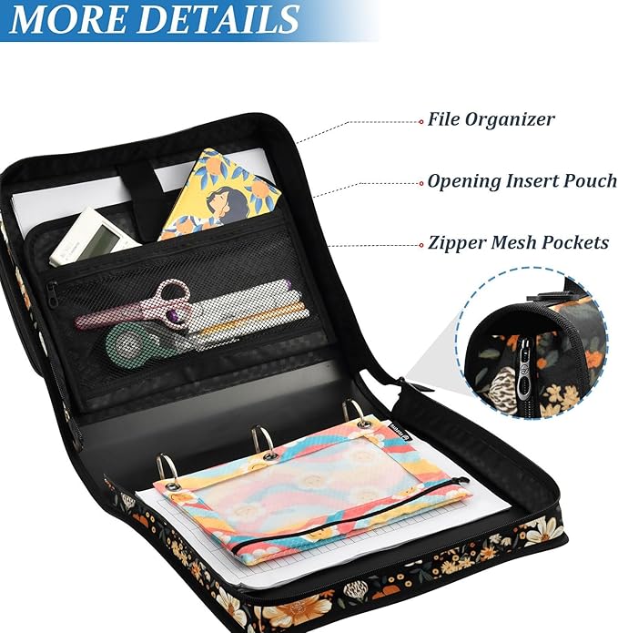 Western Desert Boho Floral Zipper Binder with Shoulder Strap Bag 3 Ring Binder Organizer Large Capacity Multiple Compartments for School Office