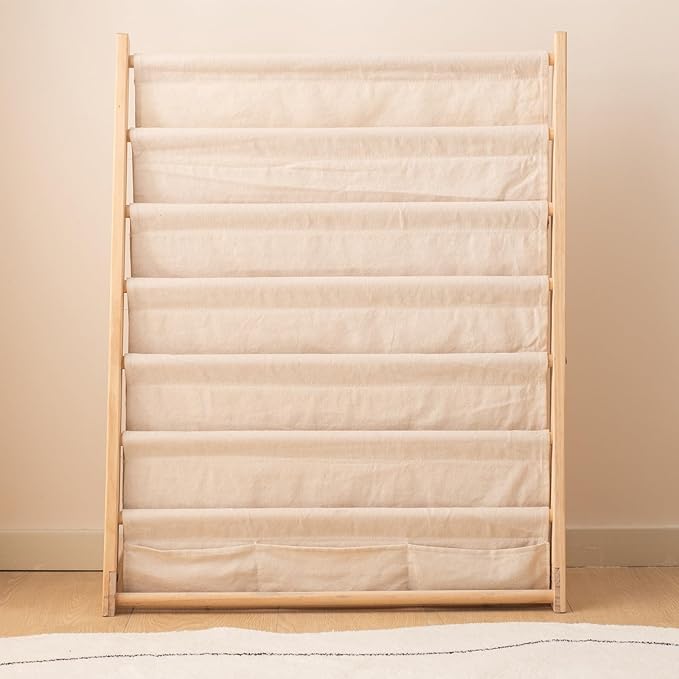 Wooden Bookshelf for Kids Wood Bookrack Canvas Book Storage Shelf Display Bookshelf 6 Tier Kids Book Rack for Bedroom Living Room Playroom Storage Organizer Natural (24.6" L x 11.81" W x 31.10" H)