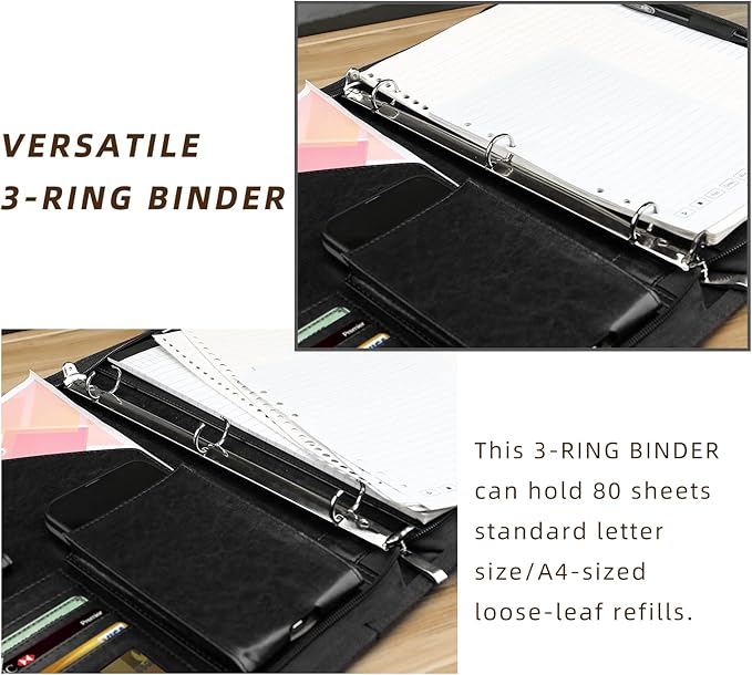 Zippered Portfolio Organizer, WRIYES Leather Padfolio with 3 Ring Binder, Professional Business Binder, Organizer for IPad/Document, Phone & Business Cards, Office Gifts for Men or Women (Black)