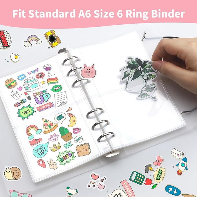 10 Sheets Clear Sticker Book Sleeves Pockets, Sticker Organizer Album Inserts for 6 Ring A6 Binder, for Organize Binder Stickers, Photos, Tickets, Cards, Cash, 2 Pocket