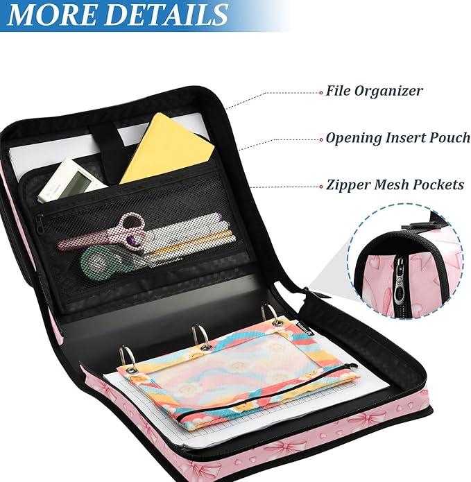 Zipper Binder Bag 3 Ring File Folder Portfolio Organizer Zippered Binder Bags with Strap Fits Laptop Women Men