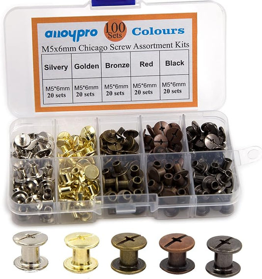 100 Sets Chicago Screws Assorted Kit 5 Color Leather Rivets Screw Rivets Flat Fillister Book Binding Posts Nail Rivet Chicago Bolts for DIY Leather Craft Black Silver Golden Bronze (Colours 5×6mm)
