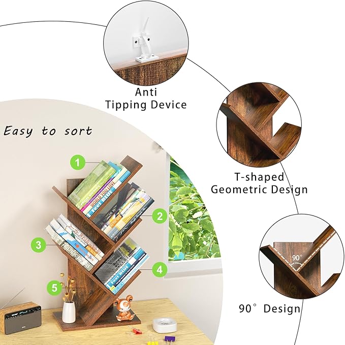 5 Tier Tree Book Shelf, Small Desktop Bookshelf with Storage Organizer, Wood Bookcase, Desk Display Bookshelves, Floor Standing Organizer Bookcases for Living Room,Bedroom,Office-Brown