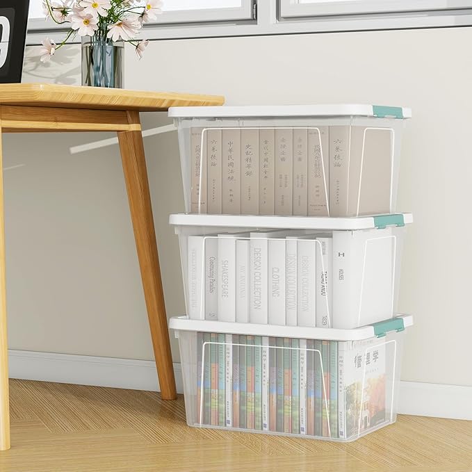 35 Quart Plastic Stackable Storage Container Tote with Secure Latching Lid for Home and Office Organization, Clear Box with White Lid (Pack of 6)