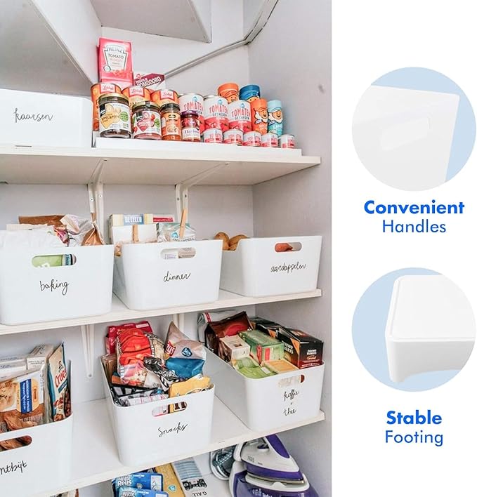 XL - 2 Pack White Plastic Storage Bins for Shelves, Closet Kitchen Storage Containers for Pantry Bathroom Office Organization Baskets, Cabinet Organizing Containers, White Organizer Bins for Shelves