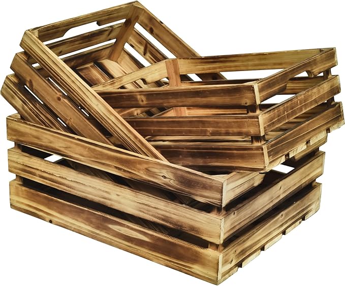 Wooden Crates Set of 3 - Large Rustic Wood Nesting Crates for Decoration, Display, Storage Boxes brown wooden crates farmers market deco wooden crates (Brown)