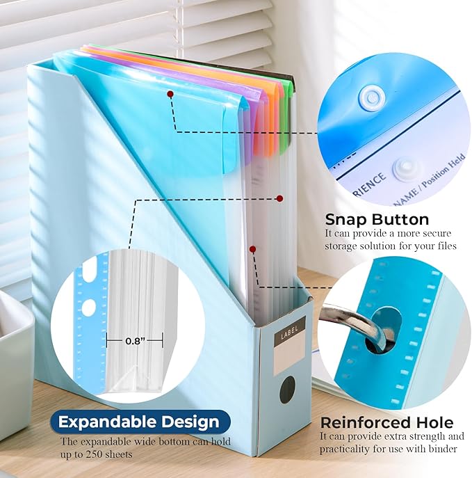 Y YOMA 6 Pack Plastic Binder Pocket with 11 Holes & Snap Button - Letter Size Top-Loading Expandable Extra Capacity Envelope for 2/3/4 Ring Binder, Matte Design