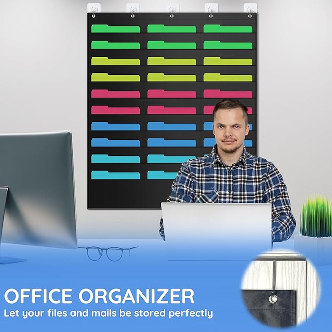 ZKOO 30 Pockets Hanging Wall File Organizer for A4 Size Paper/Legal/ Letter Size Document, Sturdy Wall Mail Organizer Black Pocket Chart Great for Classroom, Office, Home Use with 5 Hangers