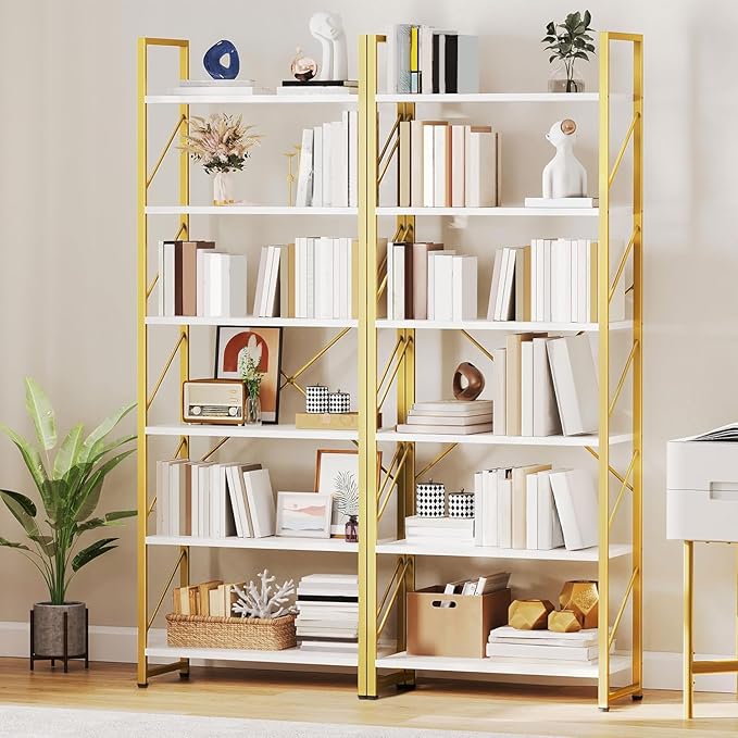 YITAHOME Tall Bookshelf 6 Tier Bookcase, Modern Gold Book Shelf, Open Display Storage Rack Shelves for Living Room/Bedroom/Home/Office/Kitchen, Holder Organizer for Books/Movies, White & Gold
