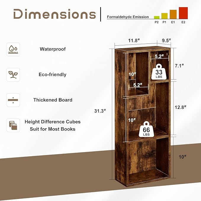 VECELO 3-Tier Small Bookcase, 4 Cube Bookshelf with Height Difference Shelves for Most Books, Modern Floor Standing Unit, Each Shelf Hold Up to 66 LBS for Living Room Bedroom, Rustic Brown