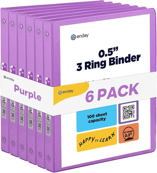 ½ Inch 3 Ring Binder Purple, .5 Inch Round Ring Clear View Cover with 2 Inside Pockets Binders, Colored School Supplies Binders, Also Available in Pink, Red, Green, Blue, and Grey (6 PC) – by Enday