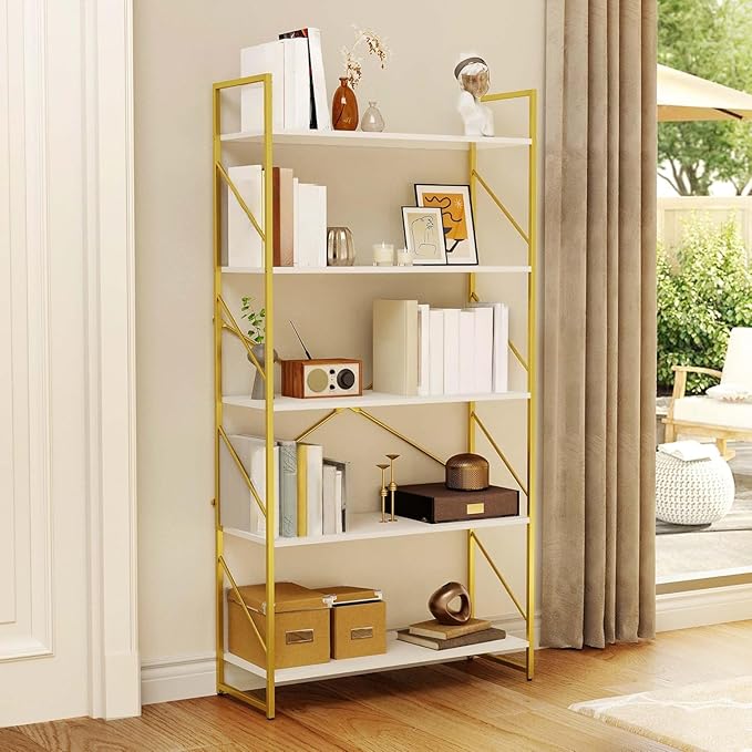 YITAHOME 5 Tiers Gold Bookshelf, Modern Wide Bookcase, Large Book Rack, Storage Rack Shelves in Bedroom/Living Room/Home/Office, Books Holder Organizer for Books, Gold