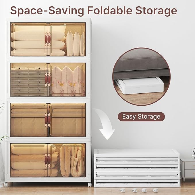 1280Qt Stackable Storage Bins with Lids, 8 Pack Large Collapsible Bins with Wheels, Plastic Cabinet with Doors, Foldable Closet Organizers and Storage for Home, Dorm, Office, White