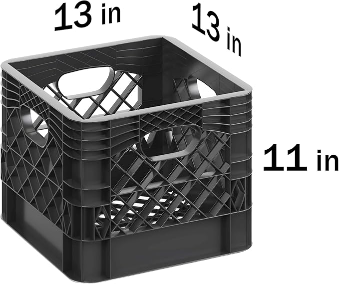 13 in. x 13 in. x 11 in. Heavy-Duty Black 16 Qt Milk Crate | 2 Pack | Stackable Storage Container with Handles