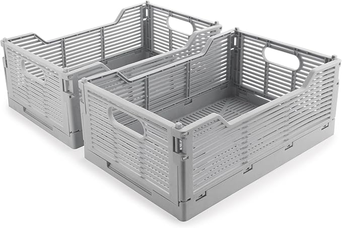 2-Pack Foldable Crates, Plastic Storage Baskets Crate for Organizing, Collapsible Storage Crates for Home Kitchen Classroom Office Bedroom Bathroom (12''x8.07''x4.92'', Gray)