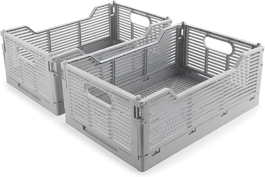 2-Pack Foldable Crates, Plastic Storage Baskets Crate for Organizing, Collapsible Storage Crates for Home Kitchen Classroom Office Bedroom Bathroom (12''x8.07''x4.92'', Gray)