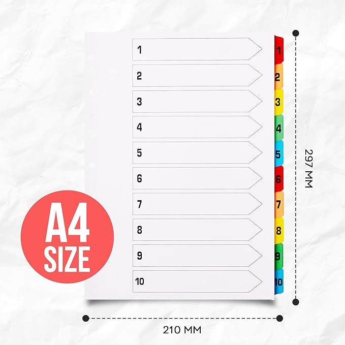 [10 Pack] A4 Binder Dividers with Tabs | 1-10 Numbered Dividers for 3 Ring Binder | Durable 3 Ring Binder Dividers with Tabs for Office, School & Home