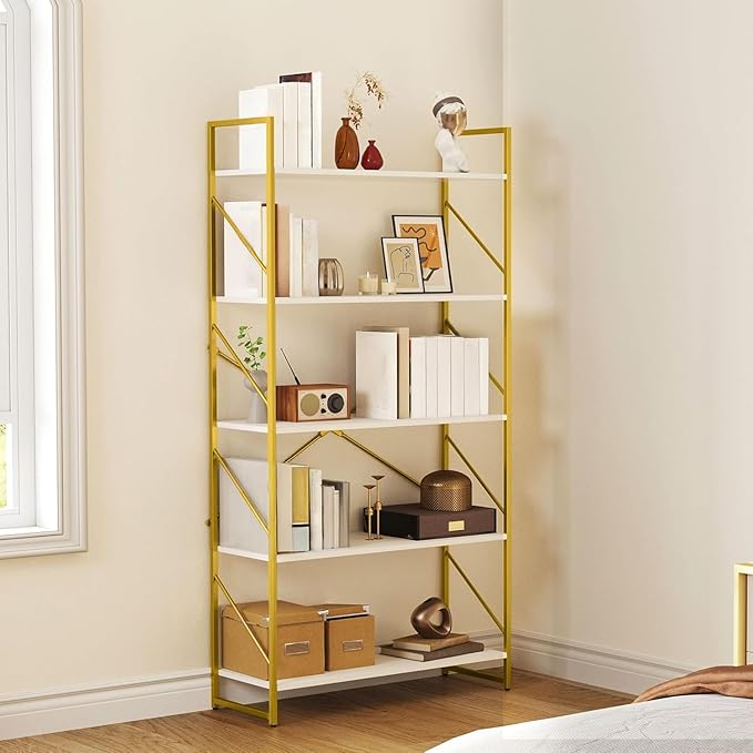YITAHOME 5 Tiers Gold Bookshelf, Modern Wide Bookcase, Large Book Rack, Storage Rack Shelves in Bedroom/Living Room/Home/Office, Books Holder Organizer for Books, Gold