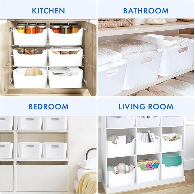 XL - 2 Pack White Plastic Storage Bins for Shelves, Closet Kitchen Storage Containers for Pantry Bathroom Office Organization Baskets, Cabinet Organizing Containers, White Organizer Bins for Shelves