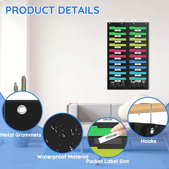 ZKOO 20 Pockets Hanging Wall File Organizer for A4 Size Paper/Legal/ Letter Size Document, Sturdy Wall Mail Organizer Black Pocket Great for Classroom, Office, Home Use with 4 Hangers 6 Pen Pocket