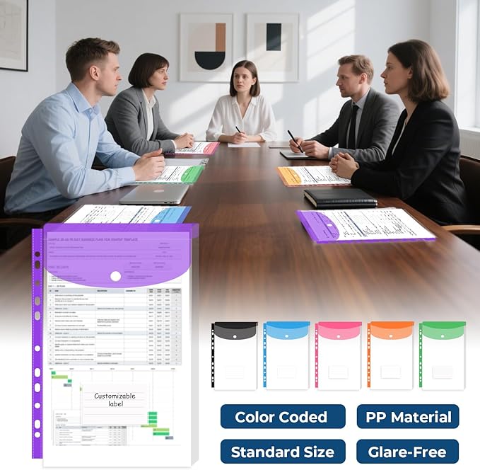 Y YOMA 6 Pack Plastic Binder Pocket with 11 Holes & Snap Button - Letter Size Top-Loading Expandable Extra Capacity Envelope for 2/3/4 Ring Binder, Matte Design