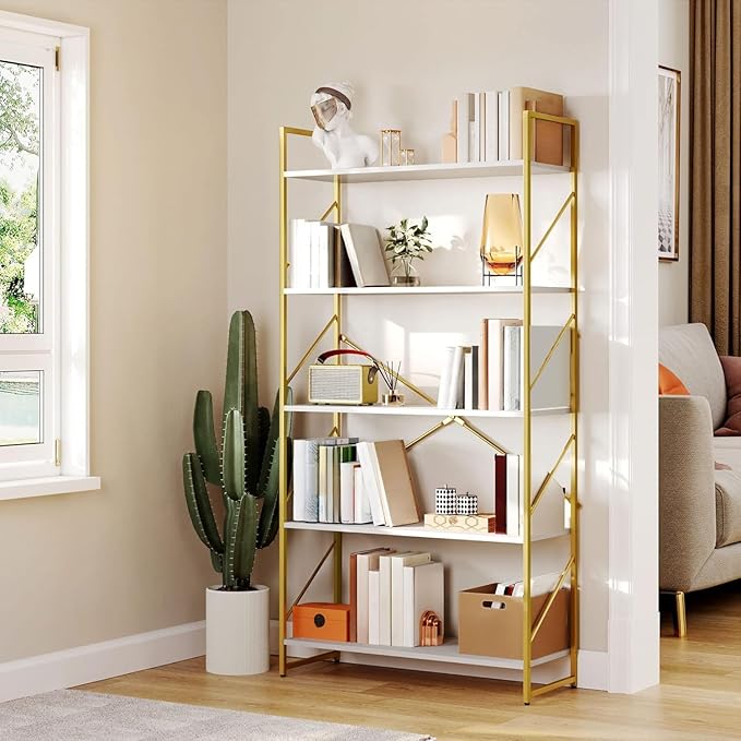 YITAHOME 5 Tiers Gold Bookshelf, Modern Wide Bookcase, Large Book Rack, Storage Rack Shelves in Bedroom/Living Room/Home/Office, Books Holder Organizer for Books, Gold