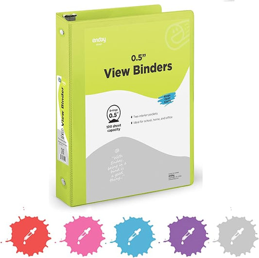 ½ Inch 3 Ring Binder .5 inch Green Clear View Cover with 2 Inside Pockets, Colored School Supplies Office and Home Binders – by Enday