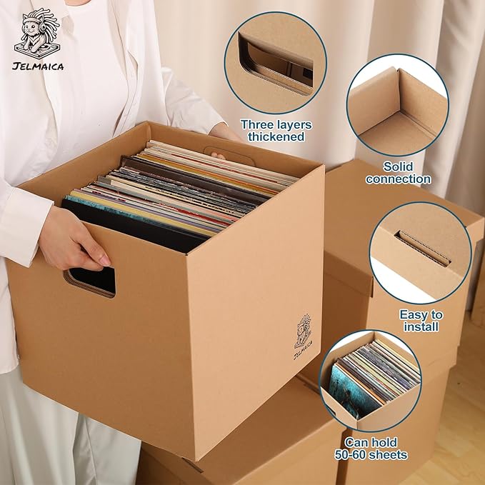 12" Vinyl Record Storage and Moving Box - Sturdy Cardboard with Removable Lid - Holds up to 60 Records or Laser Discs - Set of 2 Boxes (2) (2)