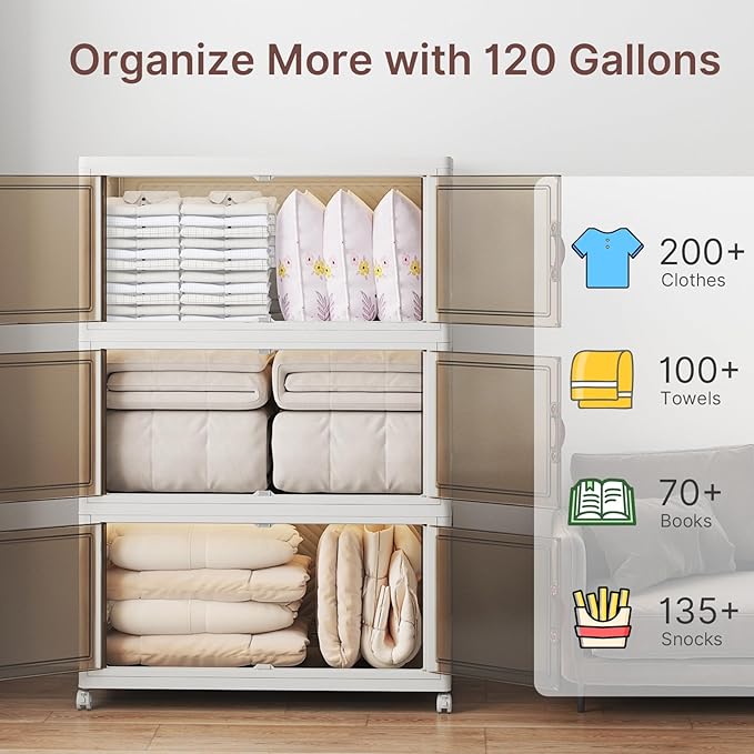 480Qt Stackable Storage Bins with Lids, 3 Pack Large Collapsible Bins with Wheels, Plastic Cabinet with Doors, Foldable Closet Organizers and Storage for Home, Dorm, Office, White