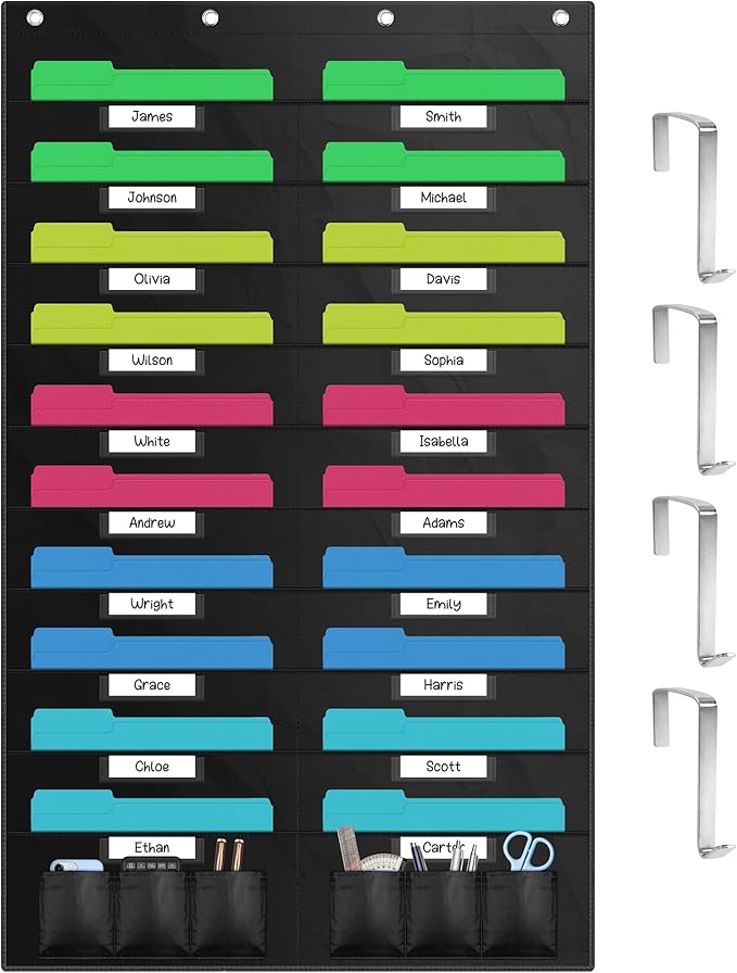 ZKOO 20 Pockets Hanging Wall File Organizer for A4 Size Paper/Legal/ Letter Size Document, Sturdy Wall Mail Organizer Black Pocket Great for Classroom, Office, Home Use with 4 Hangers 6 Pen Pocket