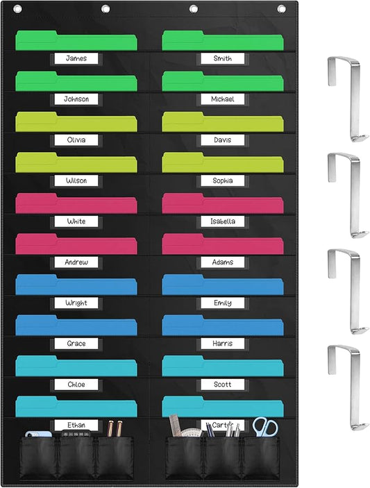 ZKOO 20 Pockets Hanging Wall File Organizer for A4 Size Paper/Legal/ Letter Size Document, Sturdy Wall Mail Organizer Black Pocket Great for Classroom, Office, Home Use with 4 Hangers 6 Pen Pocket