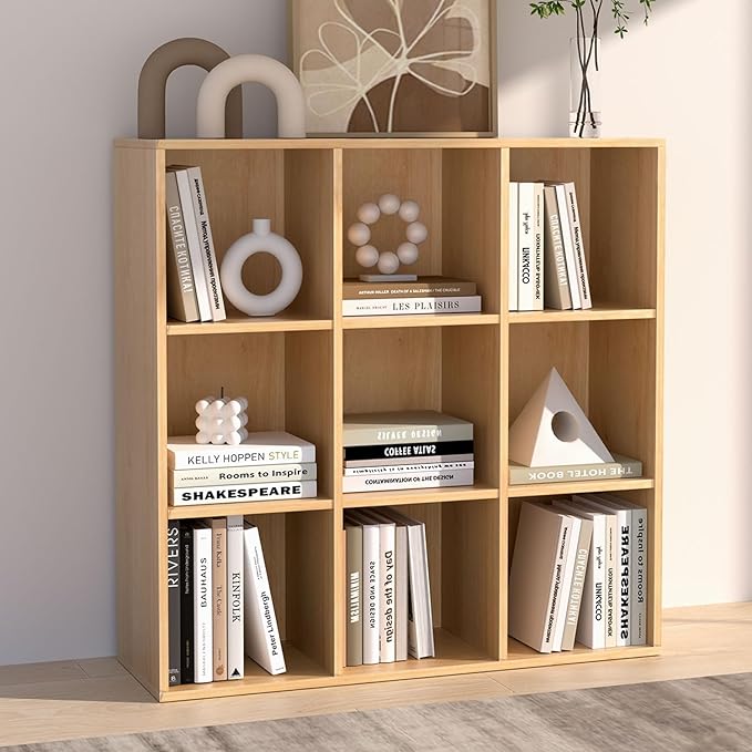 Wooden 9 Cube Storage Organizer with Closed Back Panel,White Cube Shelf Cubby Storage Organizer with Compartments for Living,Bookshelf,Storage Organizers Easy to Install (Oak, 9 Cube)