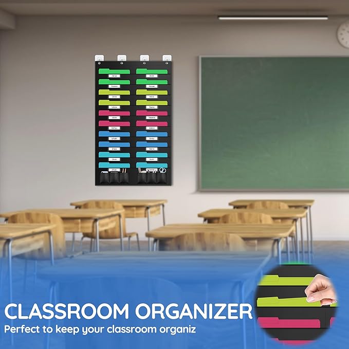ZKOO 20 Pockets Hanging Wall File Organizer for A4 Size Paper/Legal/ Letter Size Document, Sturdy Wall Mail Organizer Black Pocket Great for Classroom, Office, Home Use with 4 Hangers 6 Pen Pocket