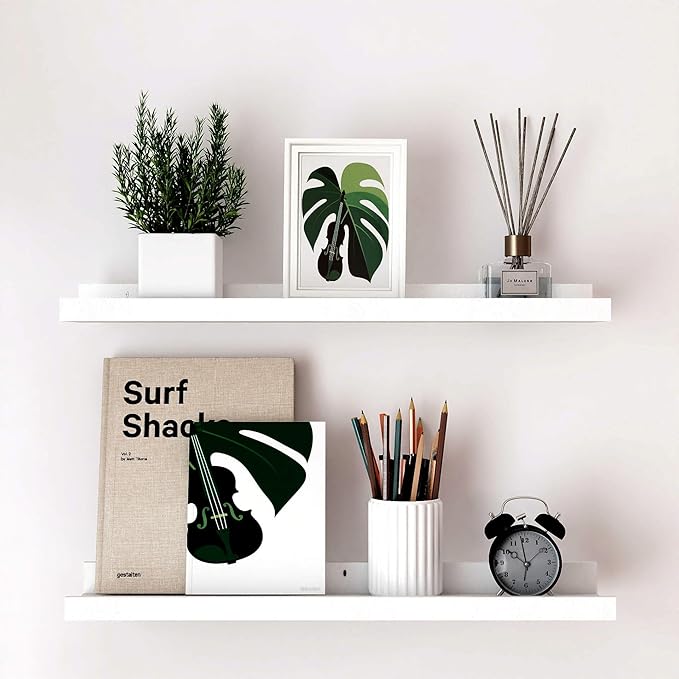 White Floating Shelves for Wall Decor, Long Wall Mounted Storage Shelf for Bedroom, Living Room, Bathroom, Kitchen, Nursery, Display Picture Ledge Shelf with Lip Set of 2-24 Inches, White