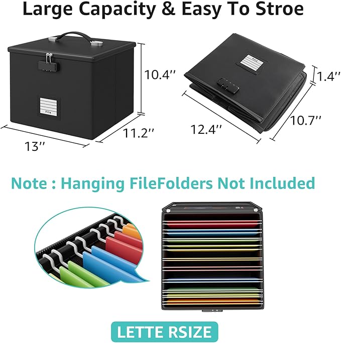 2 Pack Fireproof Document Box File Organizer - Portable Waterproof Fire Safe Locking Filing Storage Box with Handle for Hanging Letter Size Folder Important Document