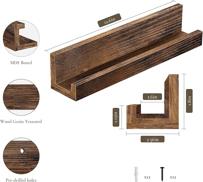 Vinyl Record Shelf Wall Mount, 12 inch Wooden Album Record Holder Display, Pack of 6 Floating Shelves for Wall, Magazine Rack, Kids Bookshelf for Bedroom, Living Room, Rustic Brown