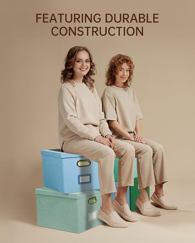 2 Pack File Storage Organizer, Filing Box, Portable File Box with Lid, Fit for Letter/Legal File Folder Storage, Document Organizer, Green