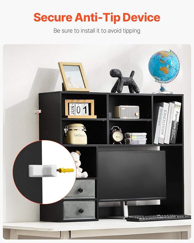 VEVOR 3-Tier Desktop Storage Organizer, 37" x 10" x 31.1" Office Storage Rack Wood Display Shelf, Desktop Bookshelf Hutch with 2 Fabric Drawers, for Office, Home & Dorm, Black