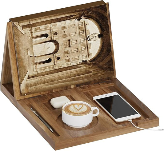 Wooden Triangle Book Stand Holder for Page Rest, Acacia Foldable Nook Reading Valet with Cup,Pen, Glasses and Phone Holder for Bedroom Nightstand Office,Book Lover Gifts for Readers (Acacia)