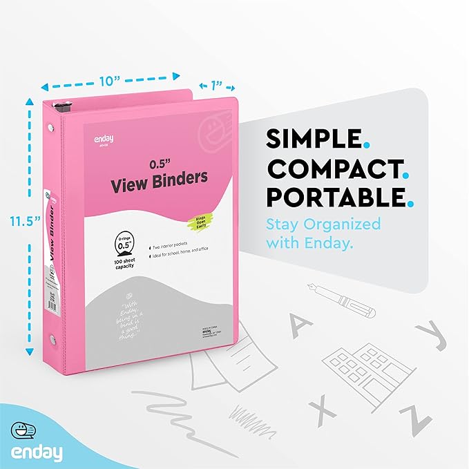 ½ Inch 3 Ring Binder Pink, .5 Inch Round Ring Clear View Cover with 2 Inside Pockets Binders, Colored School Supplies Binders, Also Available in Purple, Red, Green, Blue, and Grey (6 PC) – by Enday