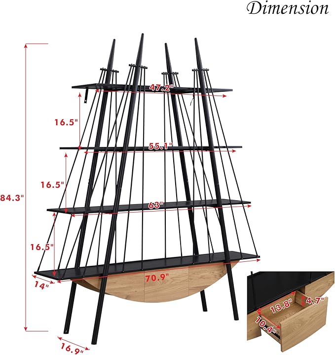 4 Tier Modern Boat-Shaped Bookshelf with Drawer, Black & Natural, 84.3" Tall Vertical Ladder Shelf for Storage Display Decoration, Sturdy MDF & Metal Industrial Frame, for Bedroom, Office