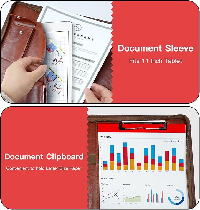 Zippered Padfolio Organizer, WRIYES Leather Planner Binder, 10.2 Inch Portfolio Folder for Documents, Letter Size Business Card Holder for Men&Women (Brown)