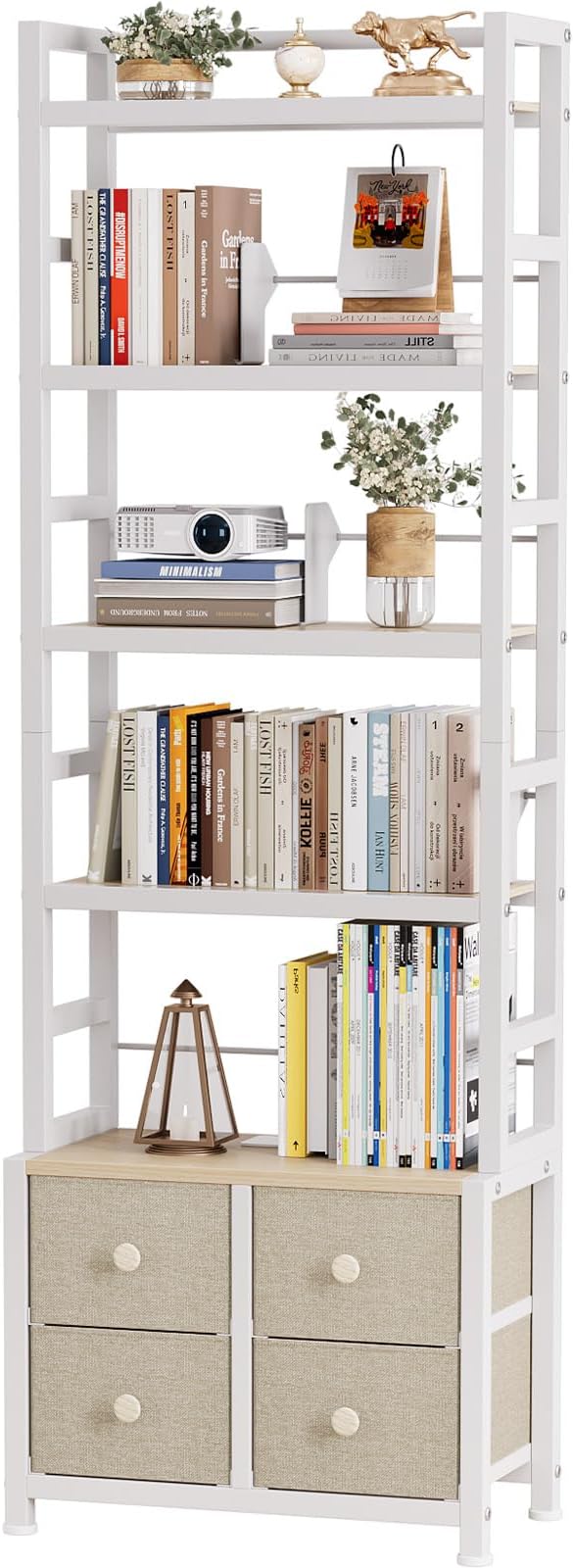 5 Tier Bookshelf, Modern Bookcase with Bookends and 4 Drawers Storage Organizer, Metal Industrial Display Shelf, Free Standing Storage Shelving Unit for Bedroom, Living Room and Home Office