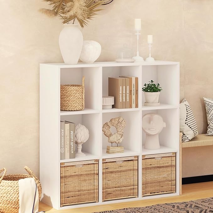 Wooden 9 Cube Storage Organizer with Closed Back Panel,White Cube Shelf Cubby Storage Organizer with Compartments for Living,Bookshelf,Storage Organizers Easy to Install (White, 9 Cube)