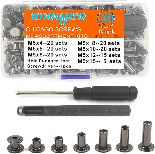 120 Sets Chicago Screws with Hole Puncher and Screwdriver 3/16" Leather Rivets 7 Sizes Assorted Screw Rivet M5 Binding Screws for Decorate and Repair Leather Craft Belt Bookbinding Bag Purse