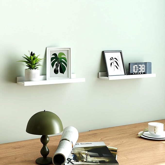 White Floating Shelves for Wall Decor, Wall Mounted Wood Storage Shelf for Bedroom, Living Room, Bathroom, Kitchen, Nursery, Display Picture Ledge Shelf with Lip Set of 2-14 Inches, White
